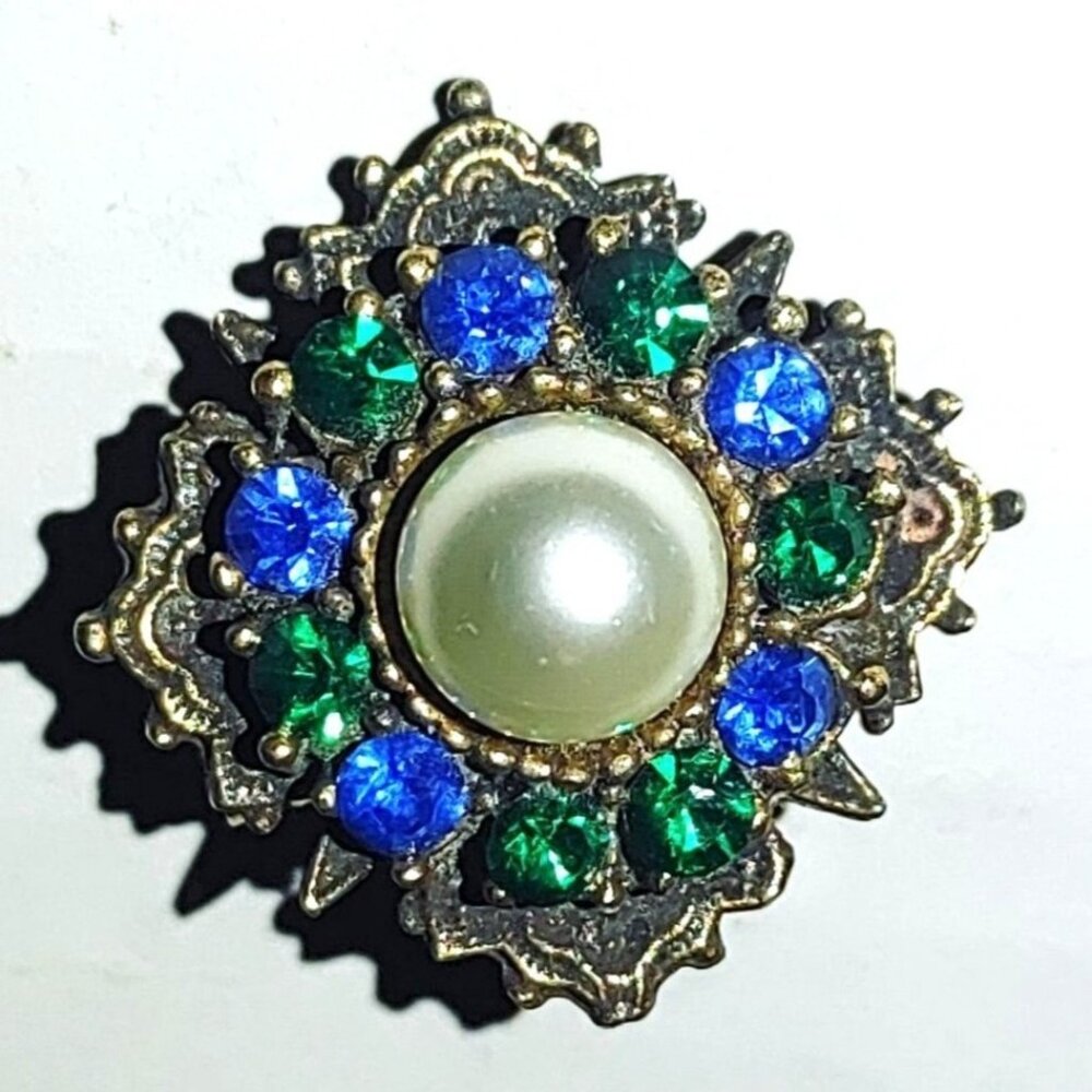 Art Deco Rhinestones Vintage Brooch Pin Gold Tone Faux Pearl Green Blue 1.5 Inch